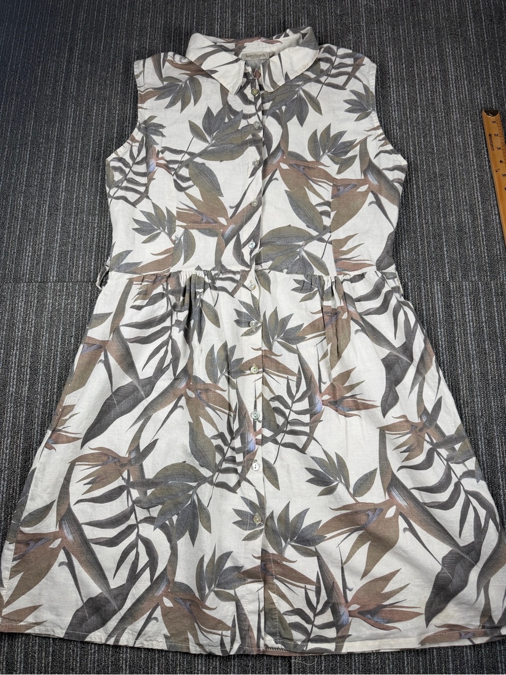 Laura Bianchi 100% Linen Sleeveless Leaf-Print Mini Dress in Cream and Brown
